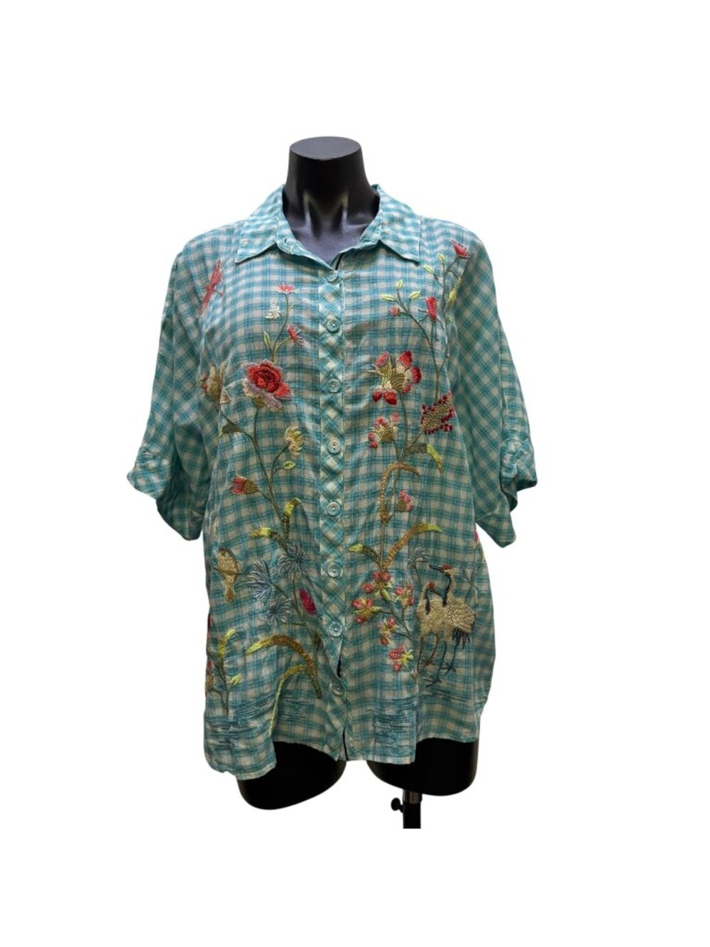 Johnny Was Embroidered Plaid Button-Down Blouse Blue Multi Size L